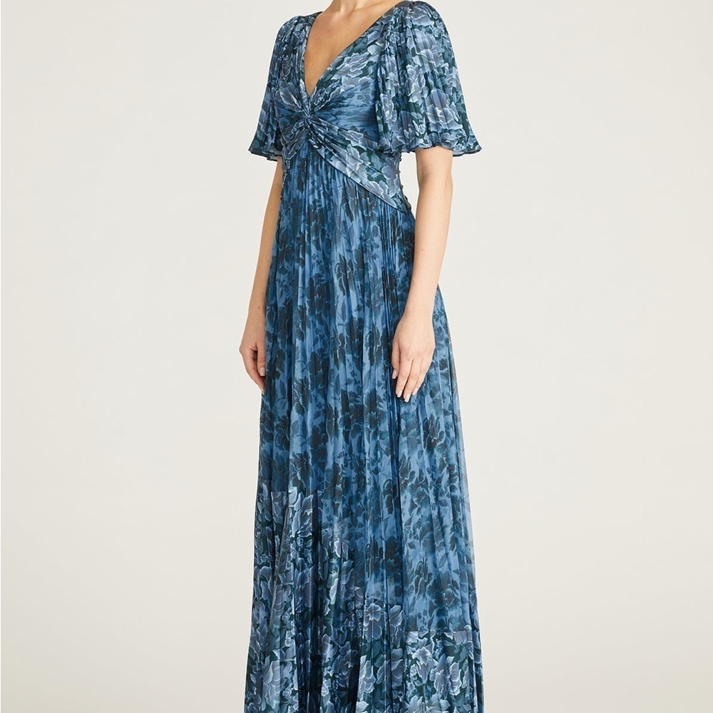 THEIA Mabella Blue Floral Pleated Satin Twist A-Line Gown Flutter NWT 2 - Picture 3 of 12